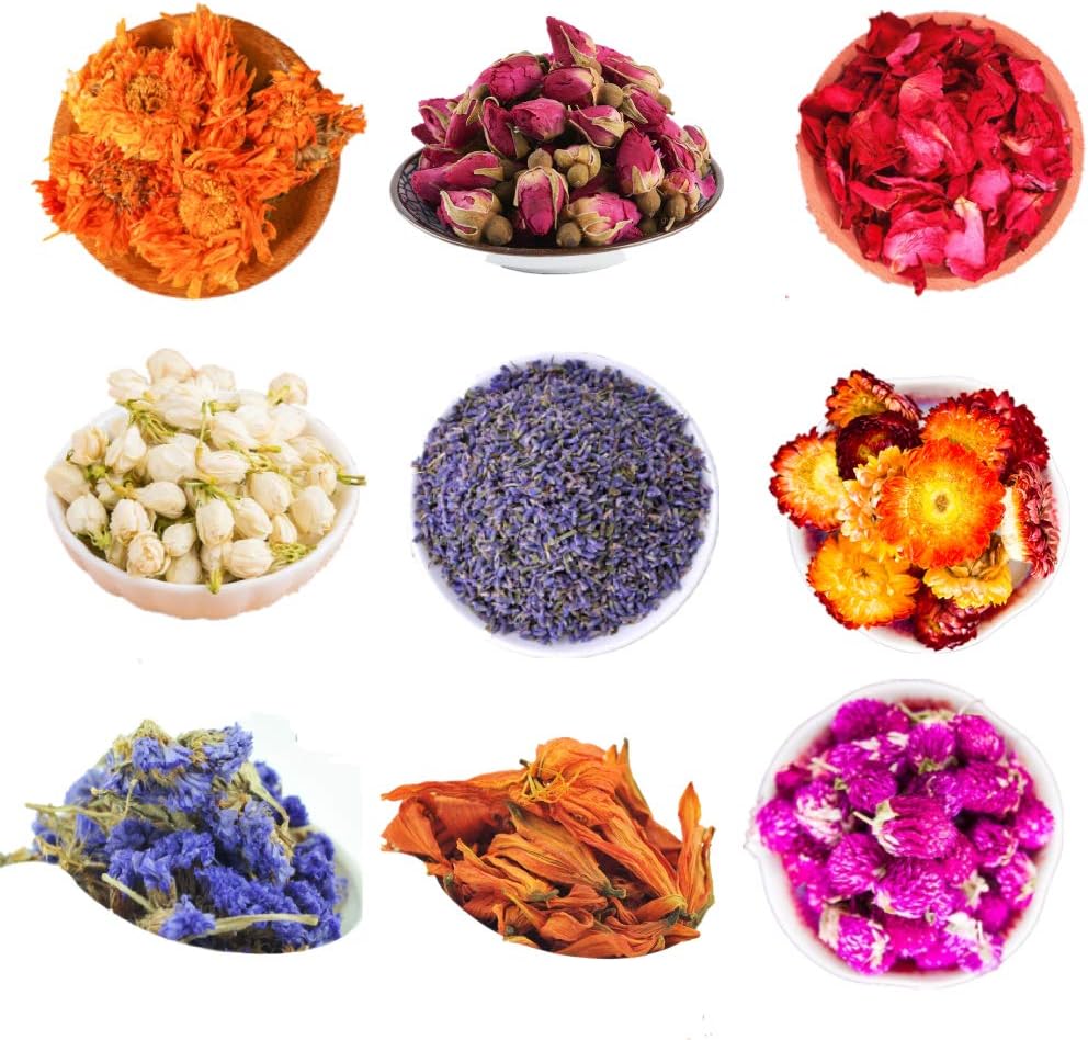 Dried Flowers, Natural Dried Flower Herbs Kit for Bath, Soap Making, Candle Making - 9Bag Include Dried Lavender, Rose Petals, Jasmine Flower and More