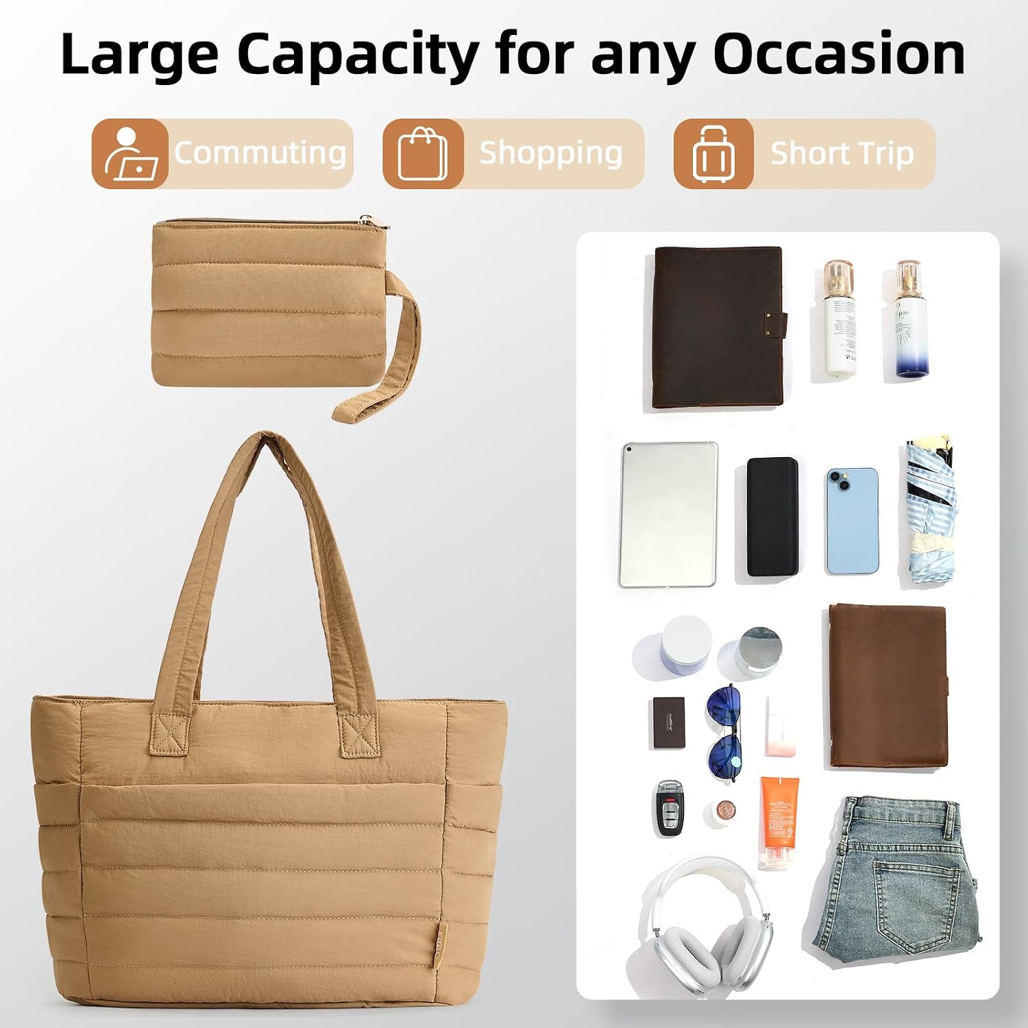 Axcone Puffer Tote Bag for Women Lightweight Quilted Work with Multi-Pockets, Laptop Compartment and Makeup Pouch Gift