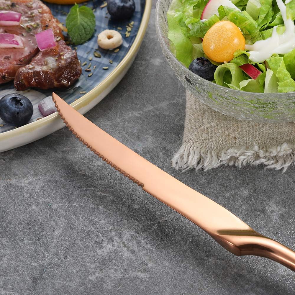 Lemeya Stainless Steel Rose Gold Steak Knives Set of 6,Forge Steak Knife,Serrated Steak Knives Set,6 Piece Heavy Steak Knives-10 inch,Mirror Polished,Dishwasher Safe