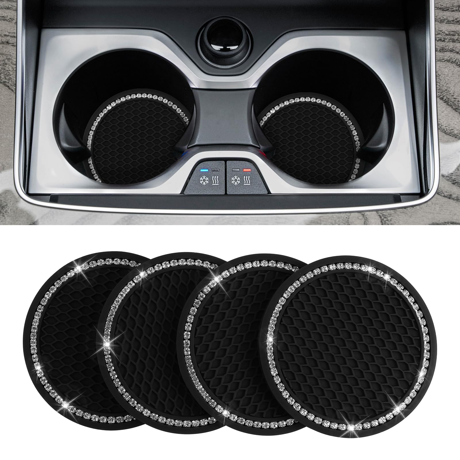 4 Pack Bling Car Coasters Universal Cup Holder Insert With Crystal Rhinestone 2.75 Inch Anti Slip Coasters Vehicle Interior Accessories for Girls, Women, Black