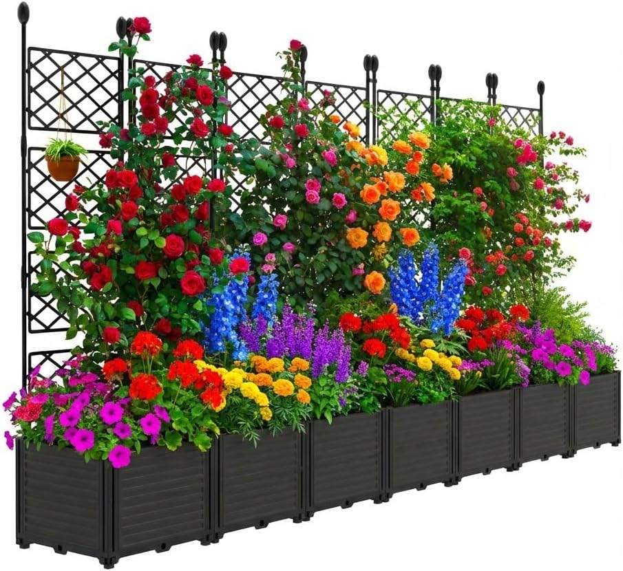 7 Planter with Metal Trellis 115Wx63H inch-Outdoor Raised Garden Bed with Privacy Panel and Drainage Holes, Planter Box with Trellis for Rose, Cucumber and Tomatoes