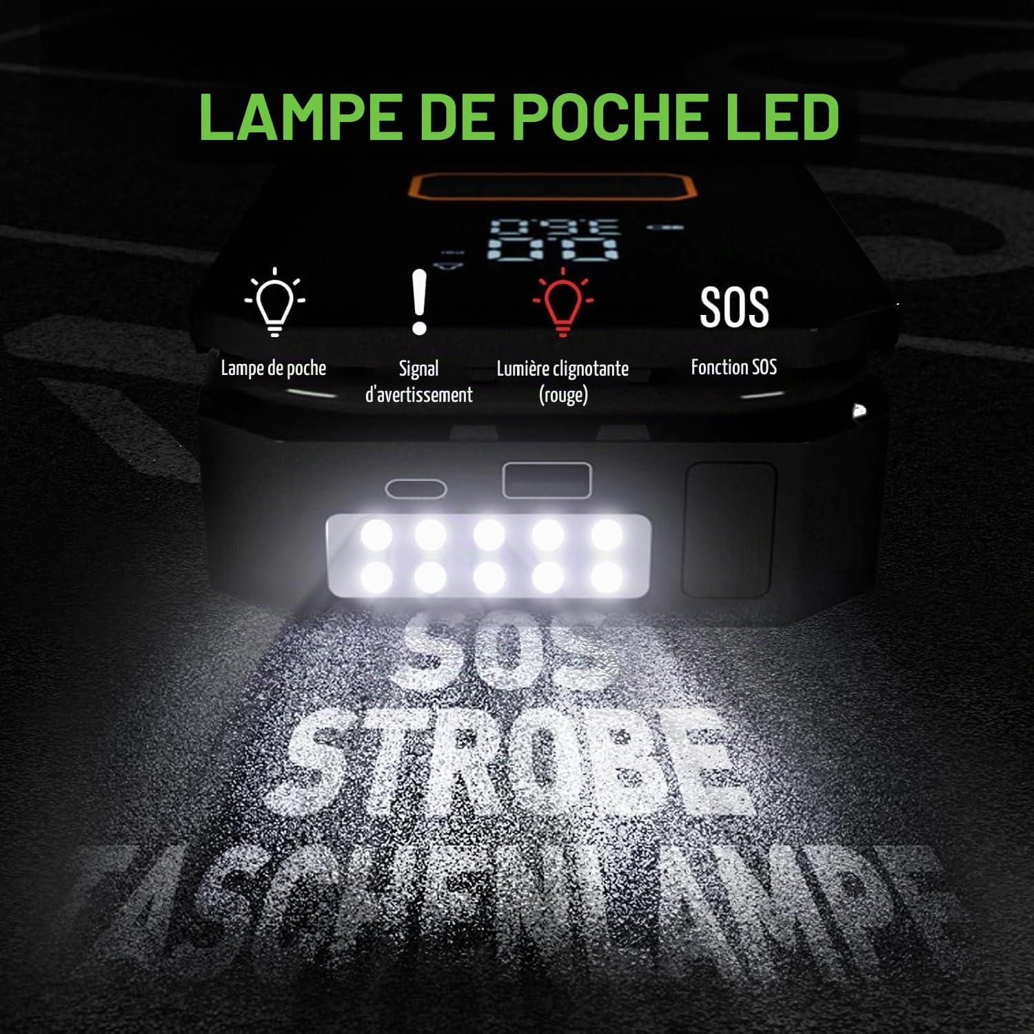 Booster Batterie Voiture avec Gonfleur d’Air 150 PSI – Démarreur 12 V pour Véhicules Jusqu’à 6L Essence / 3L Diesel, avec Câbles de Démarrage, Lampe LED d’Urgence et Embouts d’Air