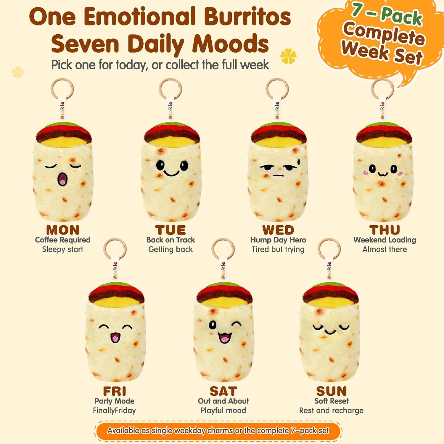 KPBLIS Weekie Wonders Emotional Mood Support Burritos Plush, Cute Stuffed Animals Bag Charm, Funny Gifts for Adults Women Men Friends Coworkers (MON, Burritos) image 2