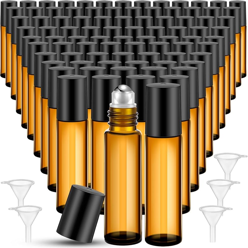 Frascos roll-on para perfume e óleo essencial SEEWEY, 10 mL, âmbar, Pacote com 96 e 5 funis