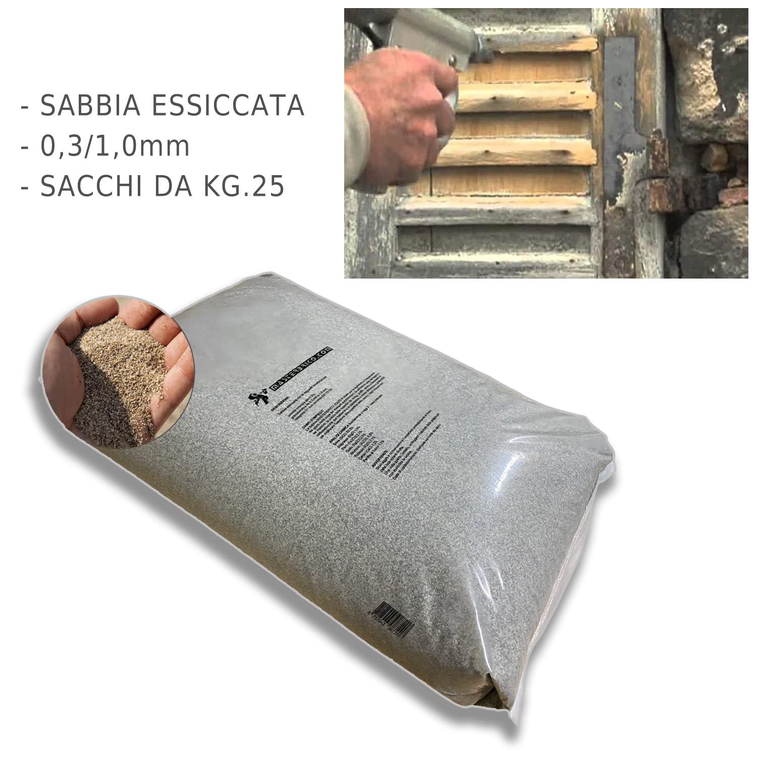 Sable pour ponceuse 0,3-1,0 mm Sac de 25 kg – Sable sec Vaga pour traitements de sablage sur bois, fer, béton et brique – Granulométrie moyenne, faible humidité