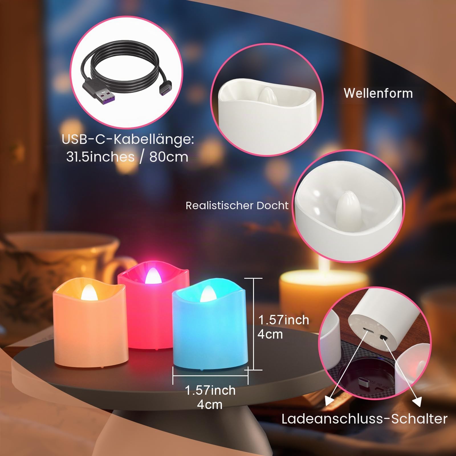 SoulBay LED Teelichter Bunt Aufladbar, 12 Stück Wiederaufladbar Flackernd Elektrische Kerzen mit Ladestation Fernbedienung Timer für Zimmer Wohnzimmer Halloween Weihnachten Deko, RGB