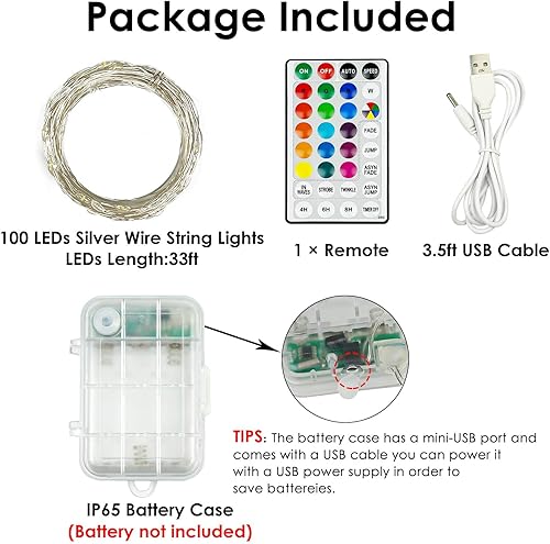 Miniatura 3 de Guirnalda de 100 luces LED que cambian de color de 33 pies, USB, impermeable, funciona con pilas, con control remoto, luces de Navidad para