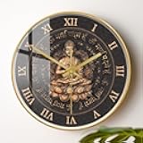 Timethink Lotus Position Buddha Wall Clock with Wood Frame, 12 Inch Tibetan Buddhist Religious Clock Silent Non Ticking Battery Operated Vintage Shakyamuni Wall Clock for Mindfulness Meditation Gift