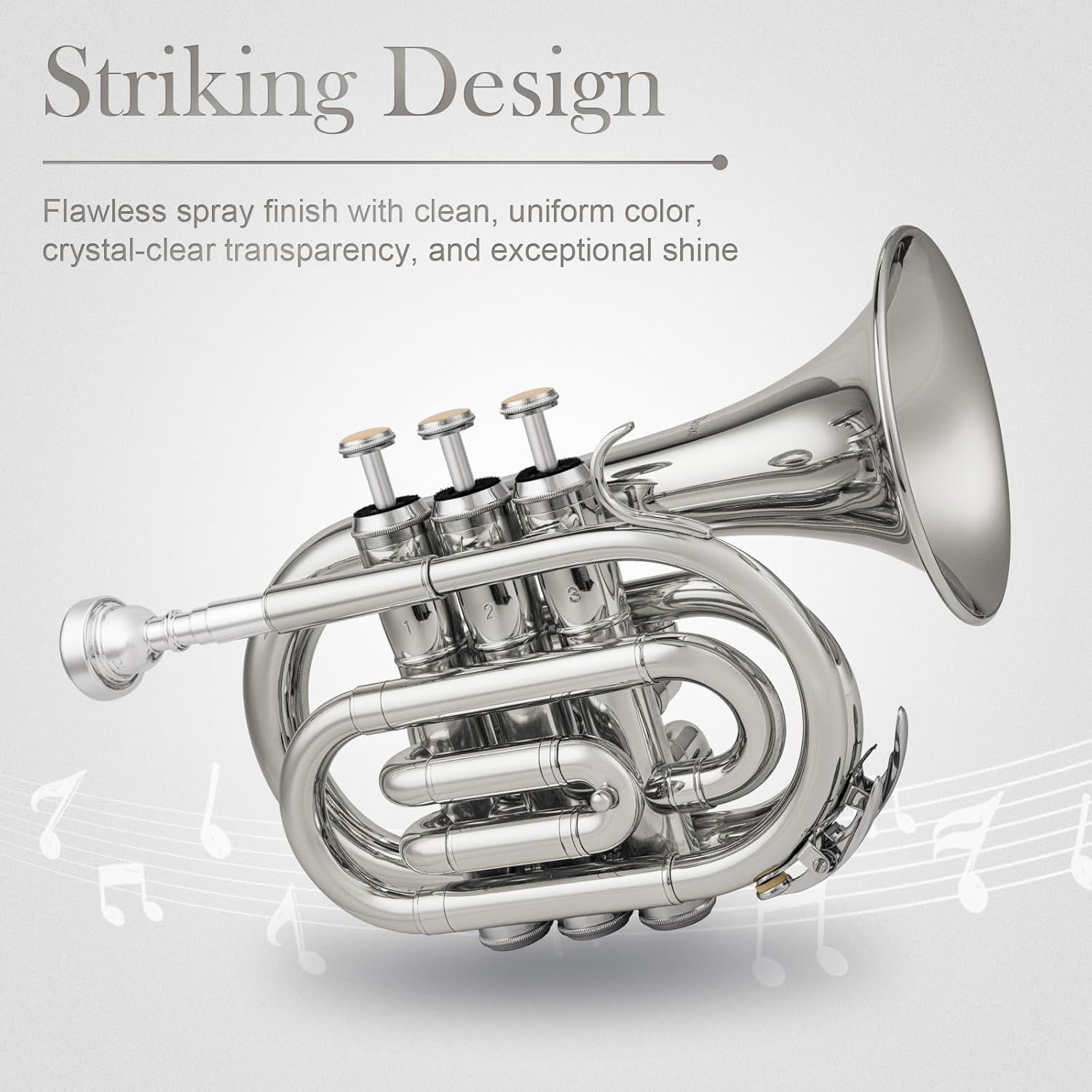 SONICAKE Pocket Trumpet for Beginners Students - Nickel Plated Bb Flat Mini Brass Trumpet Full Kit with 7C Mouthpiece, Hard Case, Gloves & Cleaning Kit QPT-02 (Nickel)