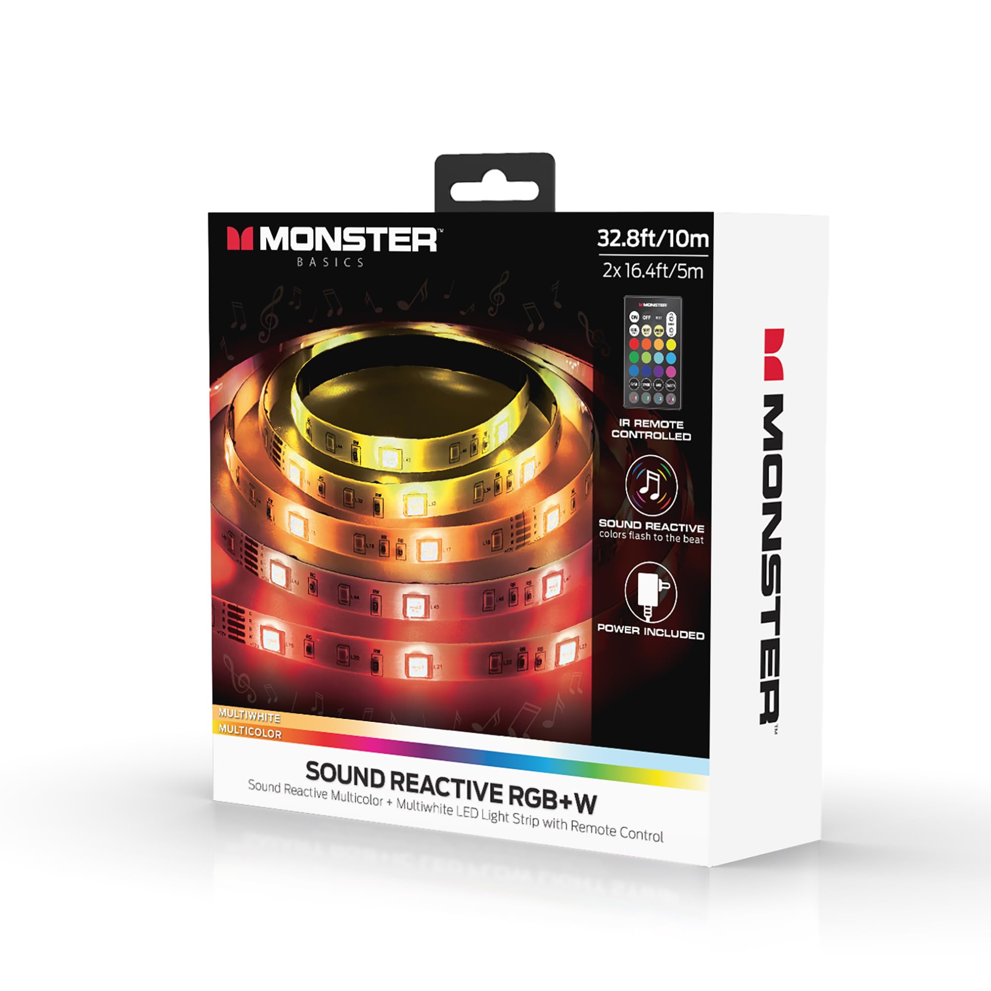 Monster 32.8ft Music Reactive LED Strip with 120 LEDs, 12V Power Adapter, with Remote, Xtreme Easy Use