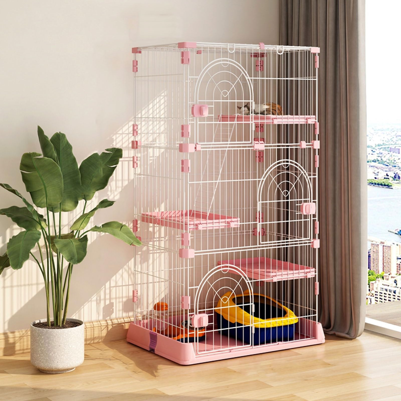 Parc de jeu d'intérieur pour petits animaux et chaton couleur rose avec toit