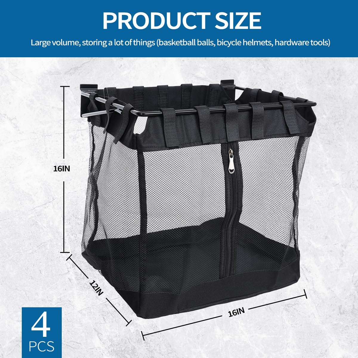 Große Slatwall-Körbe aus Netzgewebe mit Reißverschluss, Aufbewahrungskörbe, hängende Slatwall-Zubehör für Geschäfte, Zimmer, Aufbewahrung, Display, Organisation (40,6 x 30,5 x 40,6 cm), 4 Stück