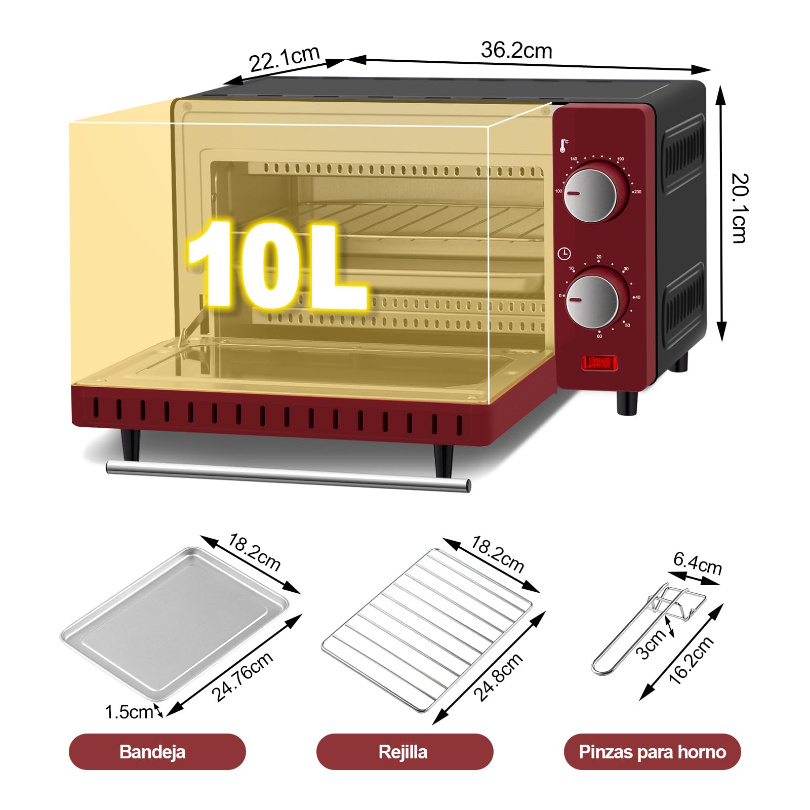 WOLTU Horno Electrico Pequeño10 L, 650 W, Control de Temperatura 100-230℃ y Temporizador 0-60 Minutos, con Bandeja y Rejilla, Rojo+Negro