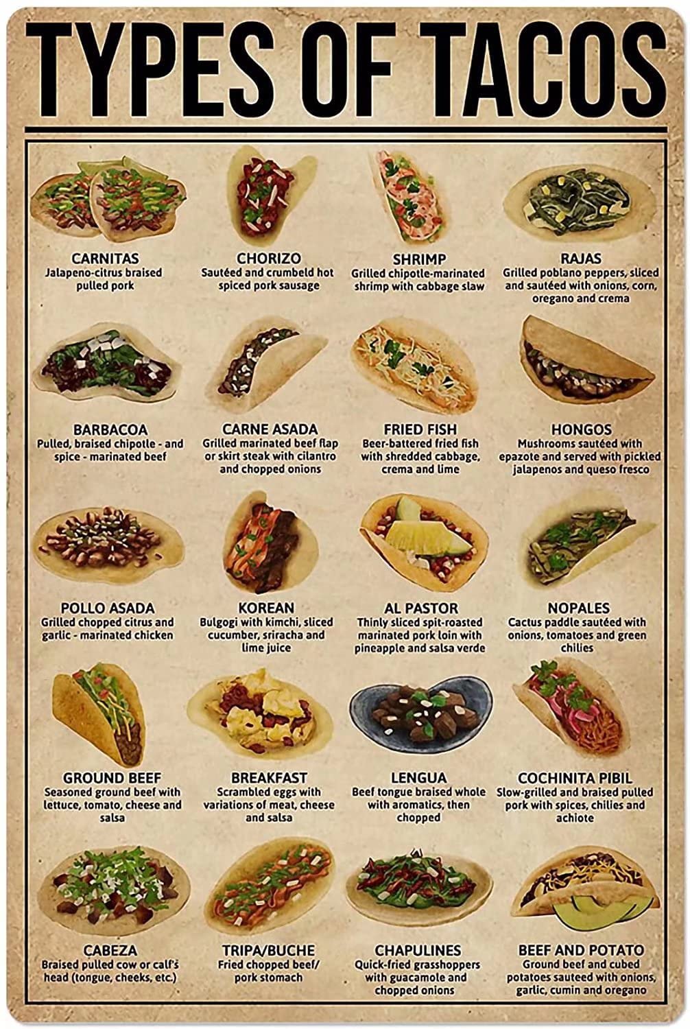 Types Of Tacos Metal Signs, Fun Poster For Bar Kitchen Cafe Farmhouse Wall Decor 8x12inch