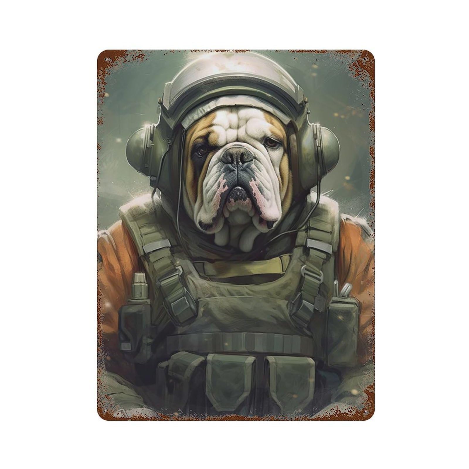 English Bulldog Soldier Aged Metal Wall Plaque 15.7"x11.8", Old School Wall Decor for Garage, Pub Or Kitchen