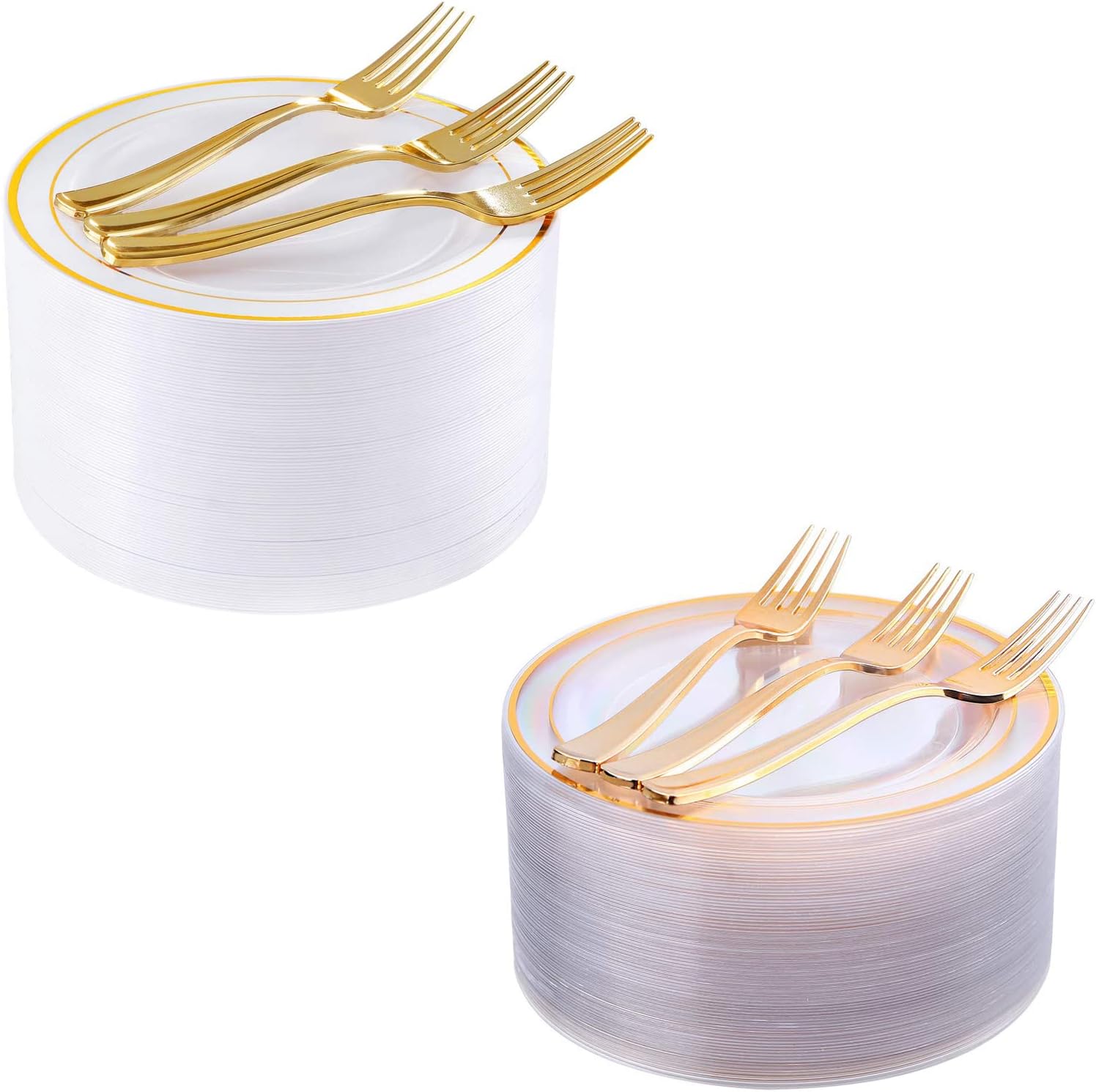 I00000 72 Pieces Gold Dessert Plates 7.5" with 72 Pieces Gold Plastic Forks 7.4", Heavyweight White with Gold Rim Plastic Plates, Salad Plates and Appetizer Plates for Parties,Wedding & Party