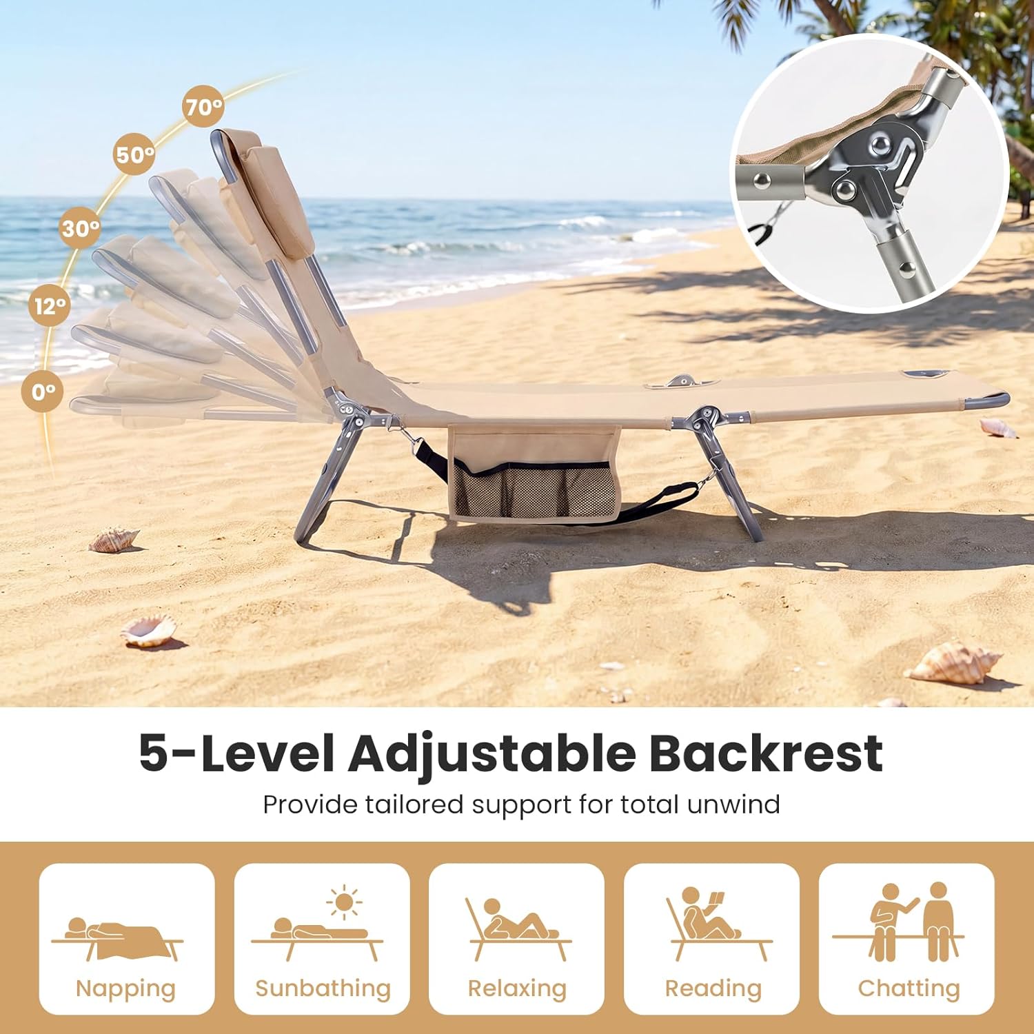 Goplus Tanning Chair, Folding Beach Lounge Chair w/5-Position Adjustable Backrest, Side Pocket, Face & Arm Holes, Removable Cushions, Portable Sunbathing Chair for Poolside (2, Biege)
