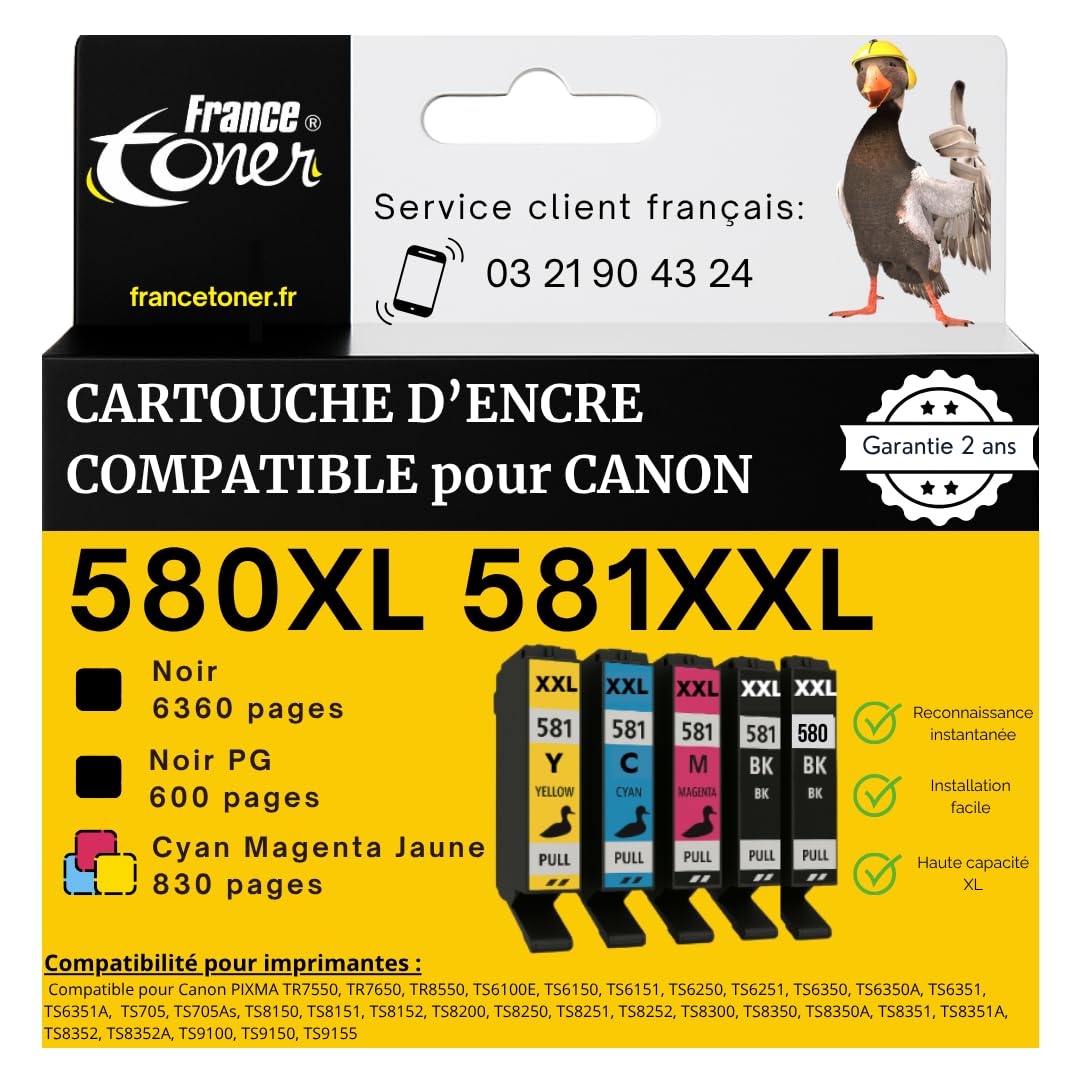 5 Cartouches compatibles pour Canon PGI-580 CLI-581 XXL | Encre 580 581 Haute Qualité pour Imprimante TR7550 TR7650 TR8550 TS6100 TS6150 TS8350, Noir, Photo, Cyan, Magenta, Jaune