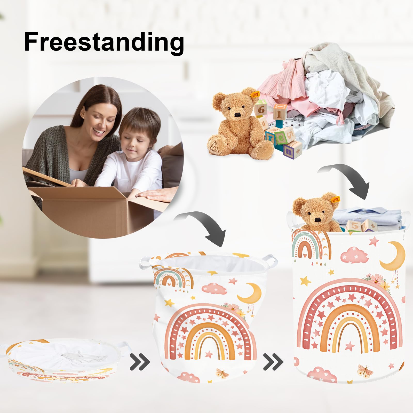 Clastyle Rainbow Baby Laundry Hamper Folding Clothes Kids Storage Basket Waterproof Girls Toy Box for Bedroom Moon, 36x45 cm - Image 3