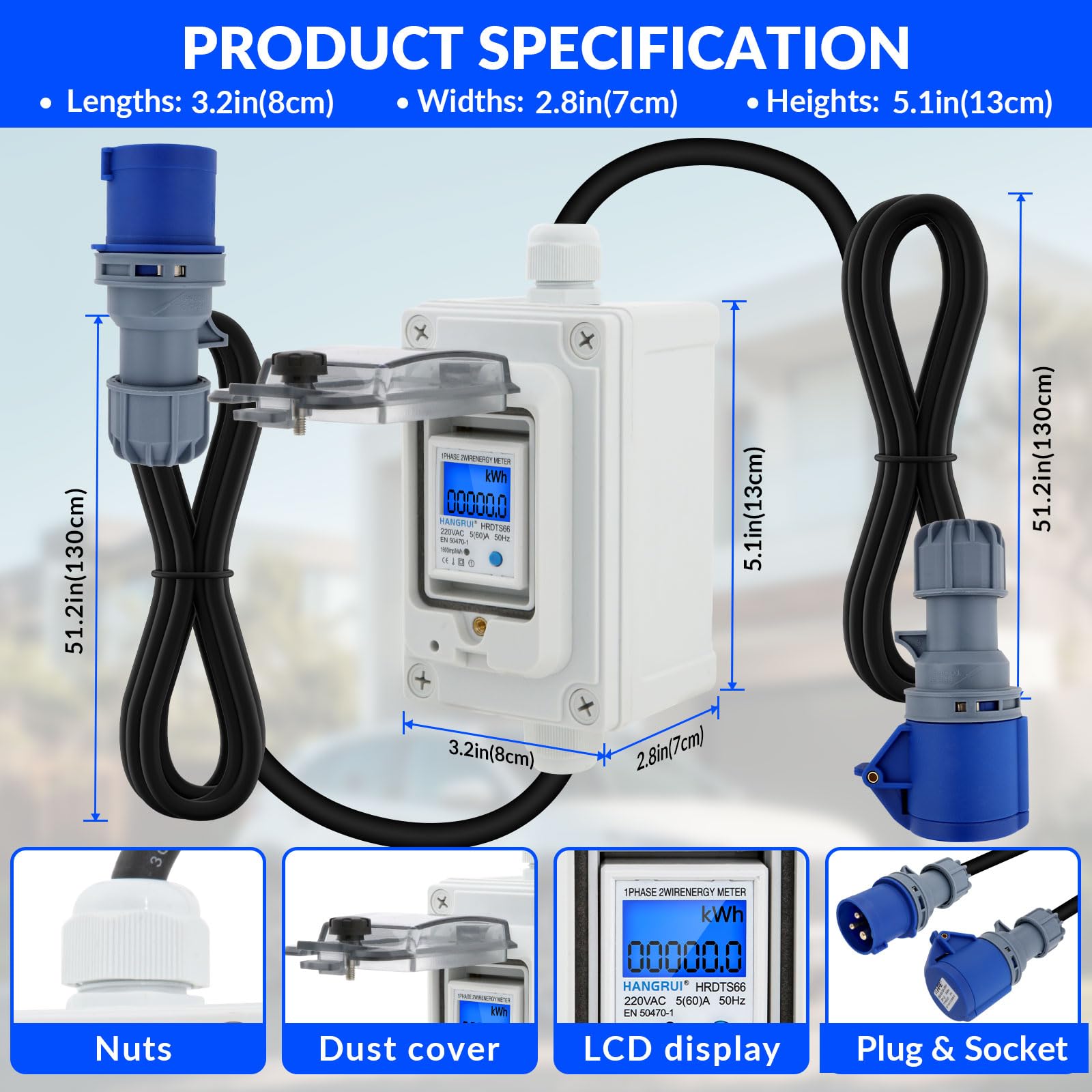 Contatore di corrente mobile 16A CEE con Display Digitale, Contatore Elettrico Digitale Mobile con spina CEE e accoppiamento, per Camping, Caravans, Veicoli Elettrici, Cantieri, Contatore Mobile