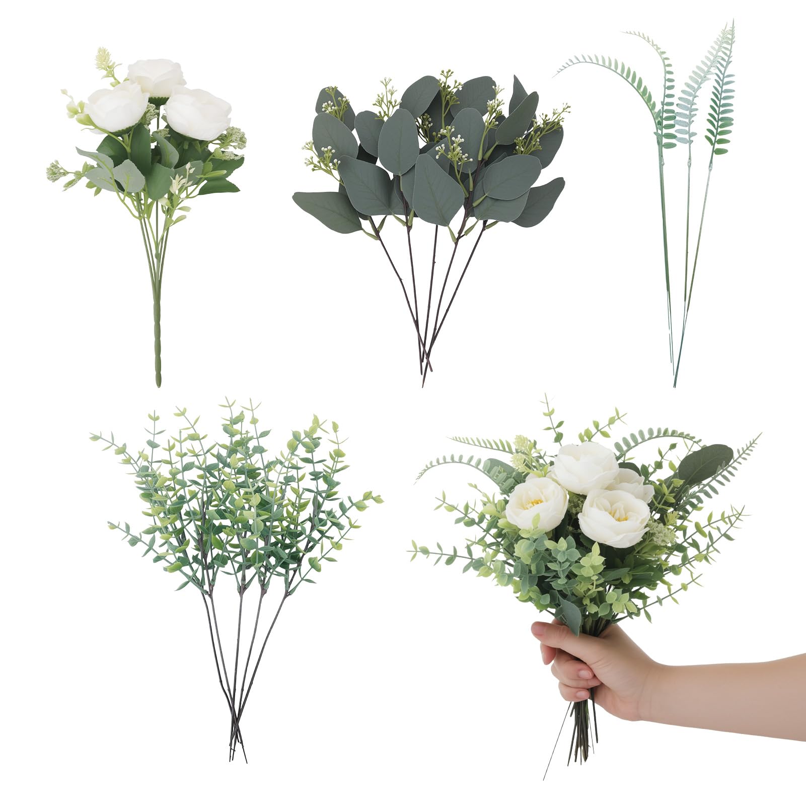 saerryor 15 Pack Eucalyptus Stems Leaves with White Faux Peony for Decor