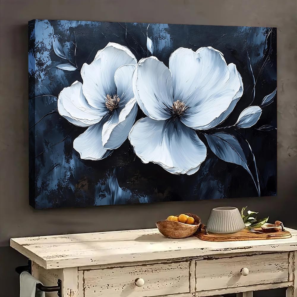 IXEHOH Große Moderne Abstrakte Leinwandbilder für Wohnzimmer, Blau und Weiß Blumen Wandkunst, Ästhetische Bilder Wanddekor, Neutrale Minimalistische Kunstdrucke für Schlafzimmer 60x90