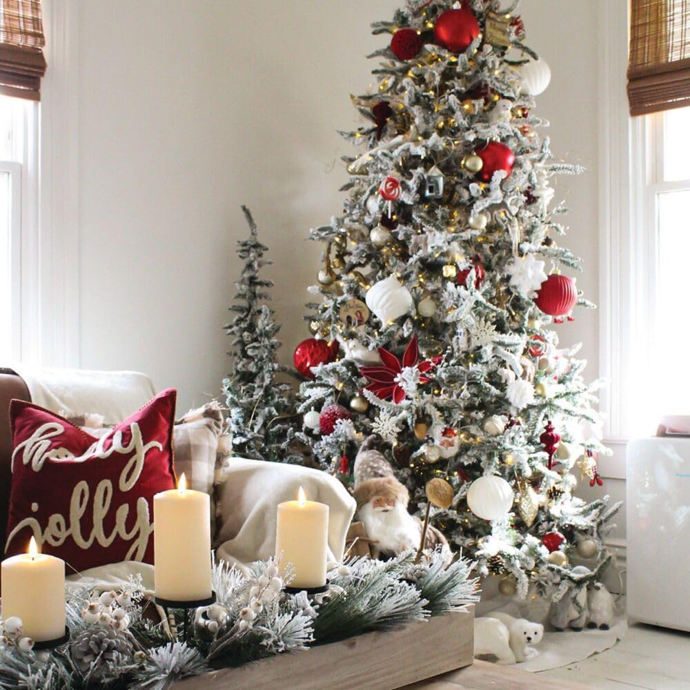 Fraser Hill Farm 42" Glittery Pine Candle Holder Christmas Decoration with White Berries and Ornament Balls, Holds 5 Pillar Candles, Elegant Christmas Table Decorations