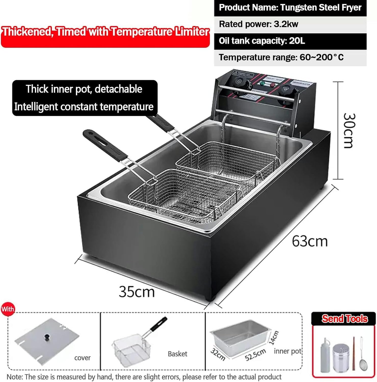 Deep Fryer, Chip Electric Pan, Fat Fryer with Removable Basket and Professional Heating Element, Non Stick Pan & Adjustable Temperature Controls Easy Clean, for Home and Commercial,20L