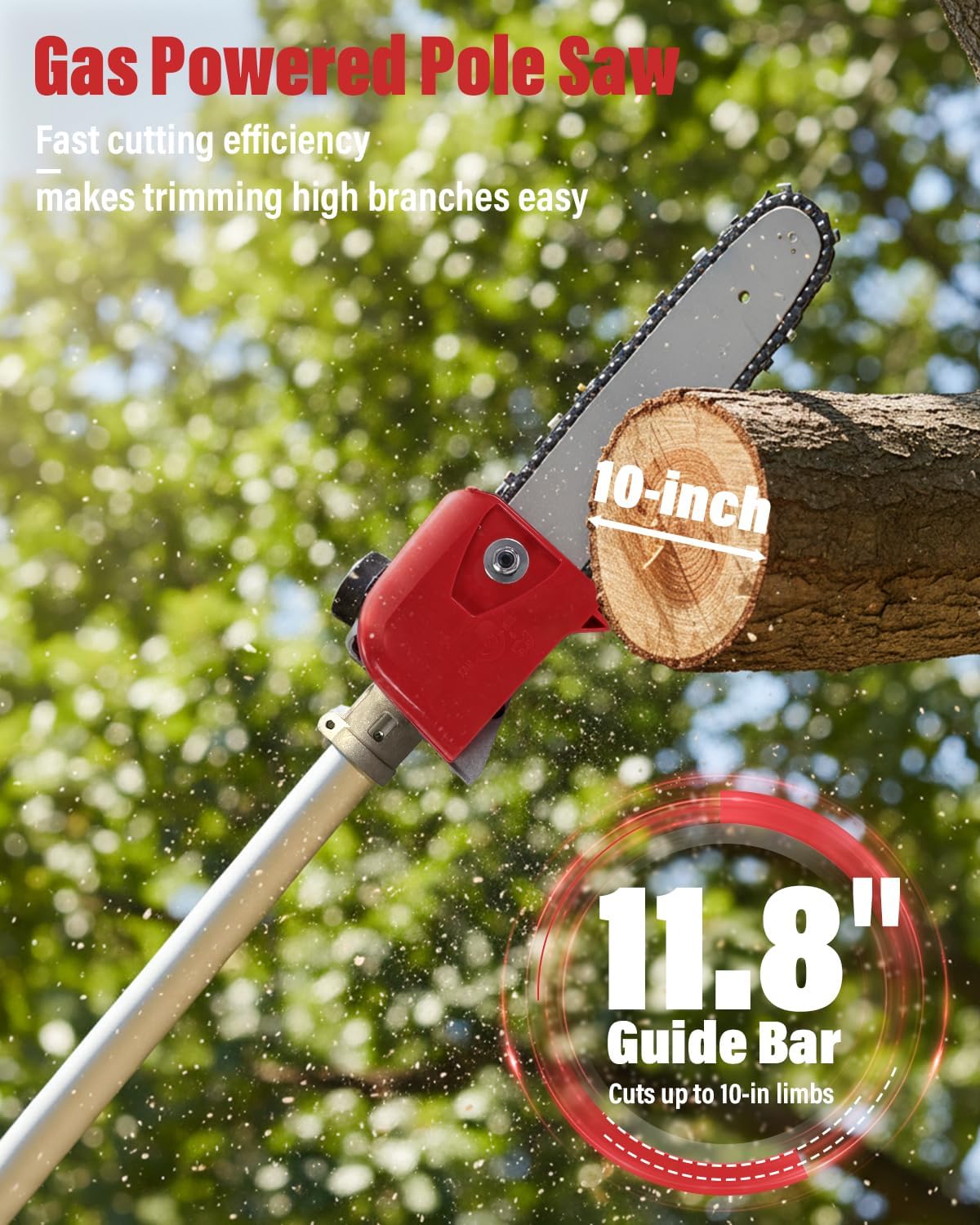 48CC Gas Powered Pole Saw 16FT Reach, 3.5HP Gas Pole Saws for Tree Trimming with 11.8" Bar, Professional Gas Powered Chainsaw for Tall Trees, Safe Limb Pruner (Red)