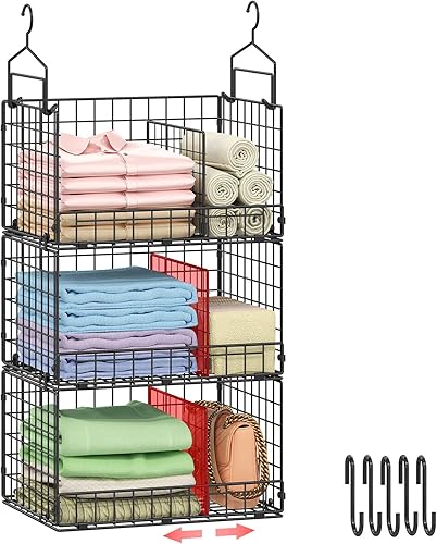 Sonyabecca Organizador colgante de armario extra grande de 3 niveles con divisores, estantes colgantes de ropa con 2 ganchos para colgar y 5 ganchos