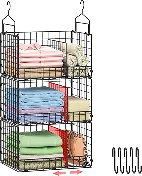 Sonyabecca 3-Tier Extra Large Closet Hanging Organizer with Dividers, Clothes Hanging Shelves with 2 Hanging Hooks & 5 S-Hooks, Wire Storage Baskets for Sweaters, Shoes, Handbags & Accessories