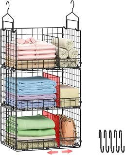 Sonyabecca 3-Tier Extra Large Closet Hanging Organizer with Dividers, Clothes Hanging Shelves with 2 Hanging Hooks & 5 S-Hooks, Wire Storage Baskets for Sweaters, Shoes, Handbags & Accessories