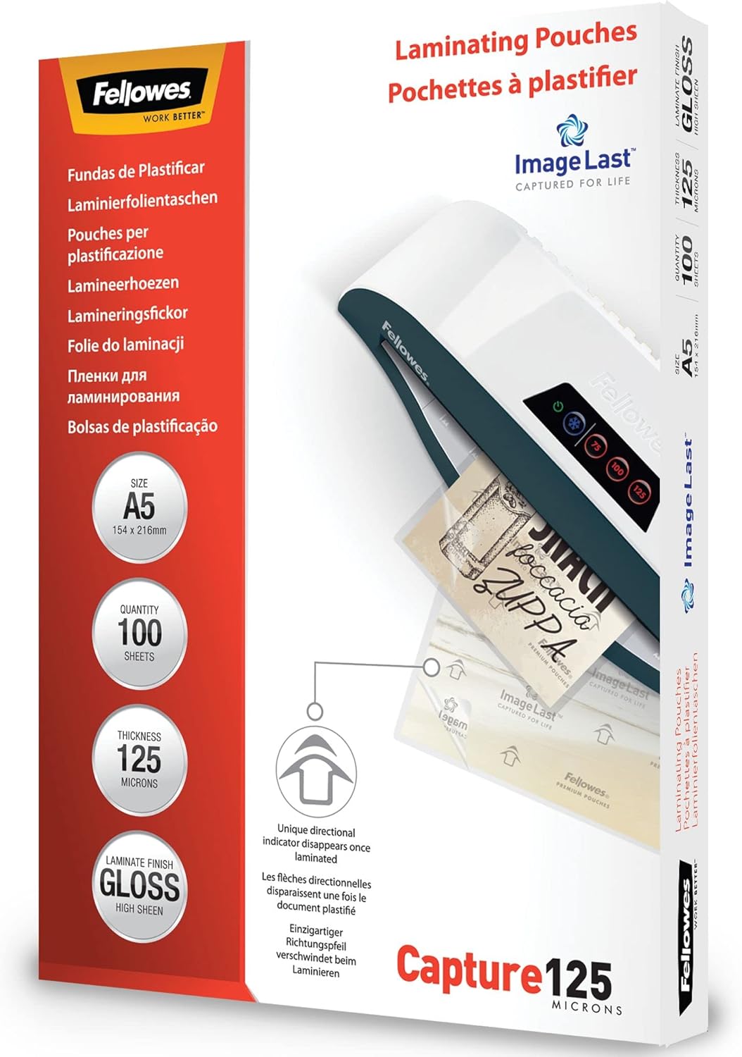 Fellowes A5 Laminating Pouches Gloss Finish 100 Sheets, 250 Micron