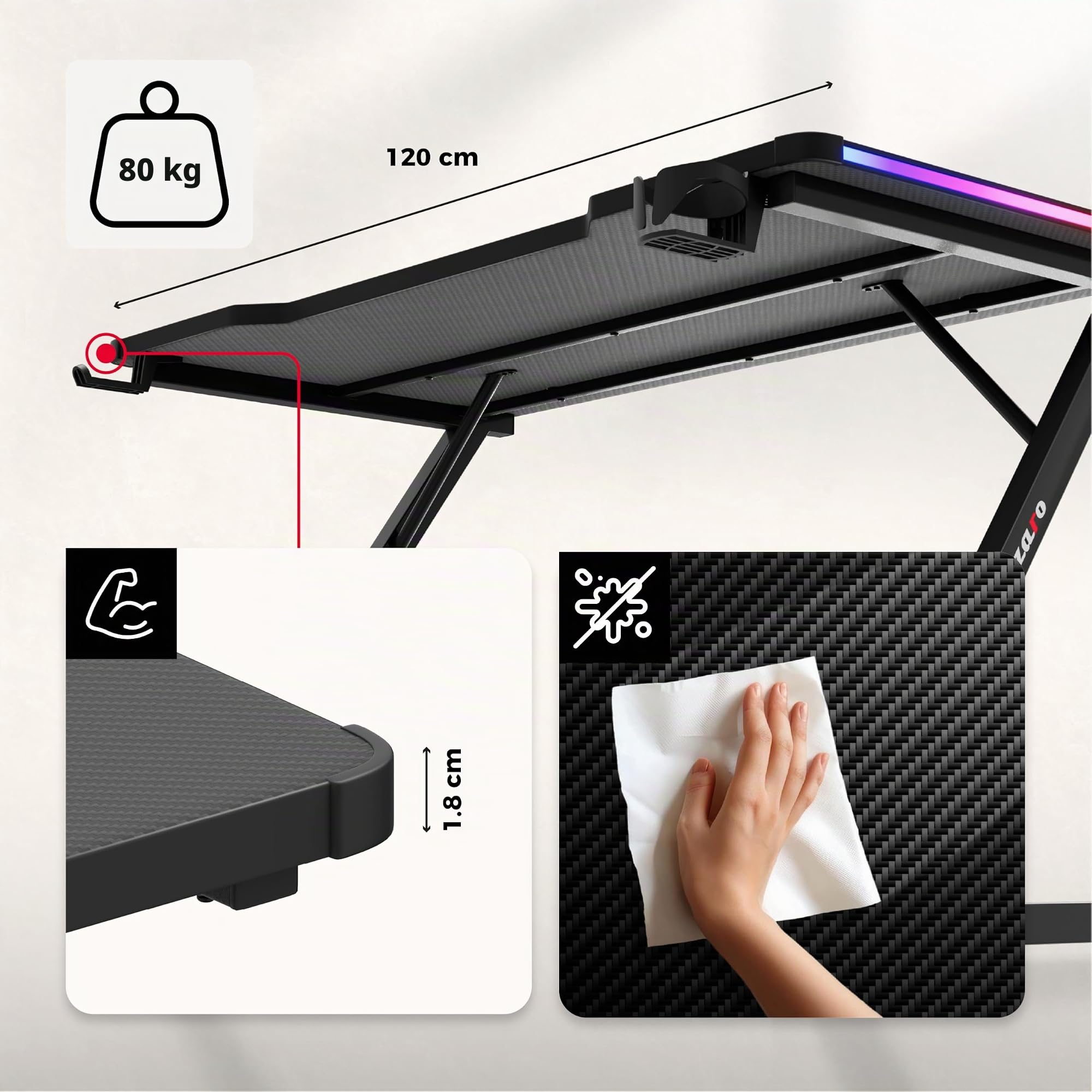 huzaro Hero 2.5 Gaming Schreibtisch - Computertisch - 120x60cm - RGB