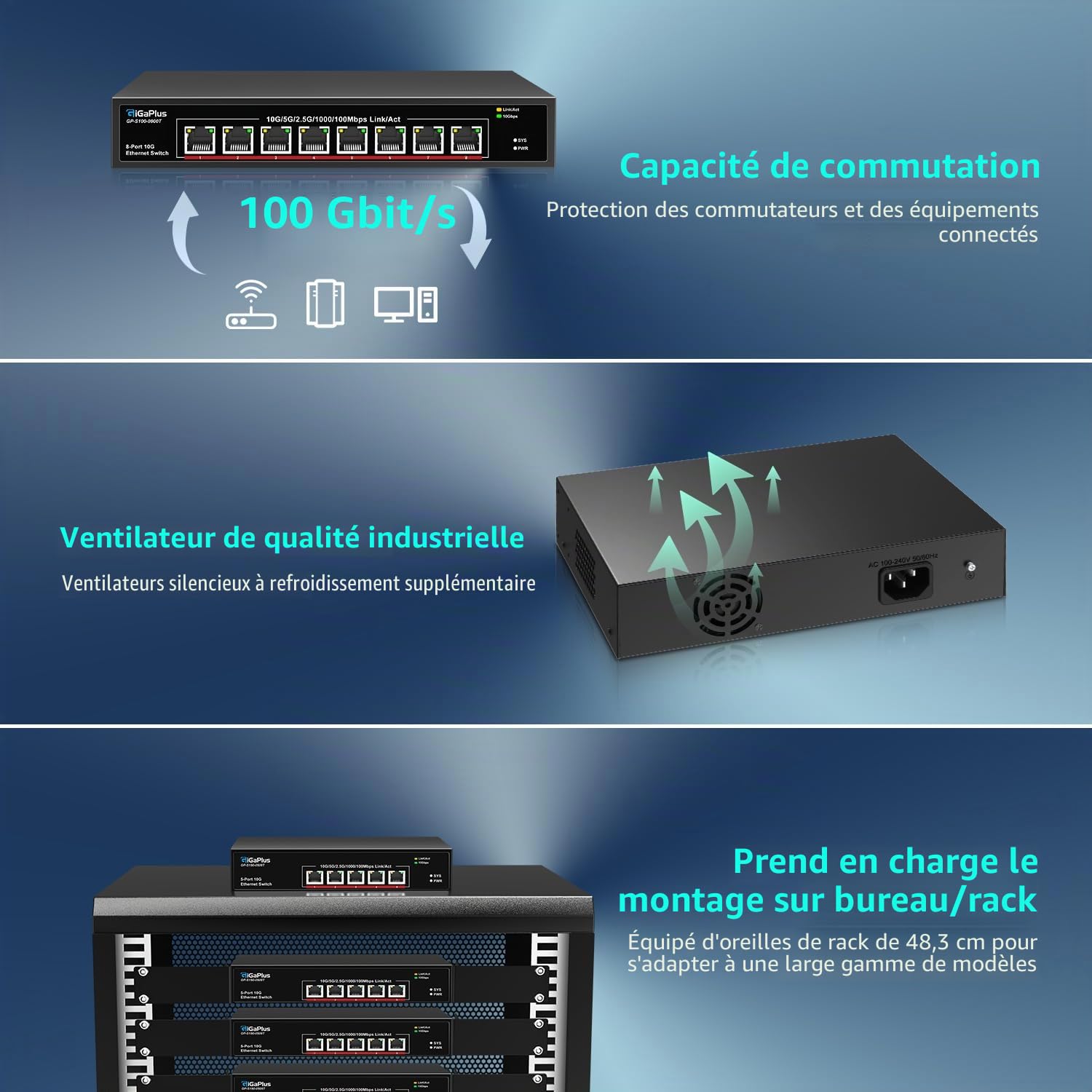 5-Port 10Gb Ethernet Switch Unmanaged with 5x10G RJ45 Ports, GiGaPlus 10Gbe Network Switch Easy for 10G NAS, PC, WiFi7 Routers, 10G NIC/Adapters. 100Gbps Switching Capacity. Desktop/19-inch Rack