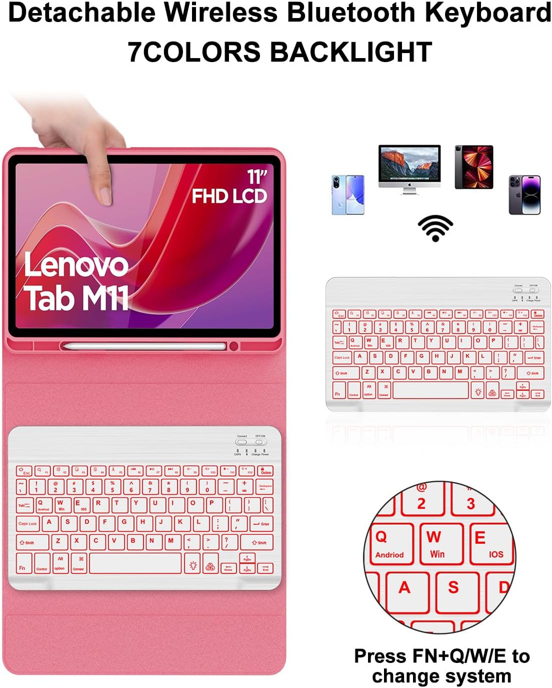 for Lenovo Tab M11 2024 11 Inch Case with Keyboard - 7 Colors Backlit Wireless Detachable Folio Keyboard Cover for Lenovo Tab M11 11” TB-330FU Tablet, Pen Holder Slim & Light, Crabapple red