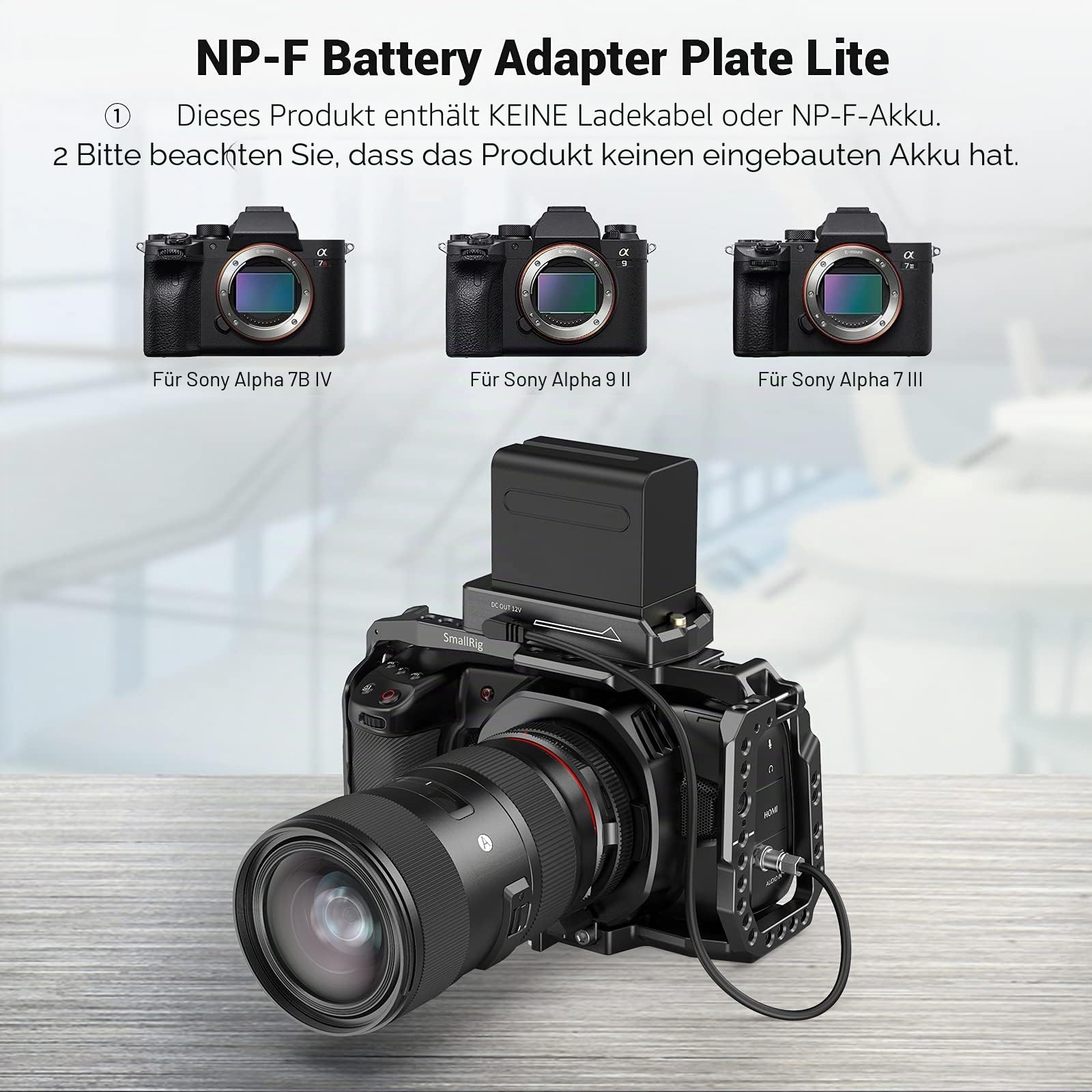 SMALLRIG NP-F Akku Adapterplatte Lite für Sony A7 A9 / BMPCC 4K 6K / GH5 / Z6 Z7, mit 12V DC / 7,4V DC Ausgang - 3018