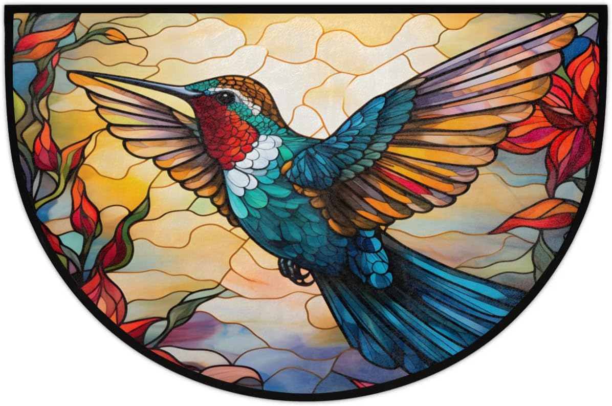 Hummingbird Stained Glass Window Half Round Door Mat, Non-Slip Entrance Welcome Mat for Indoor Semi Circle Bathroom Floor Rugs Outdoor Mats House Heavy Duty Doormat for Kitchen Living Room 36x24 Inch