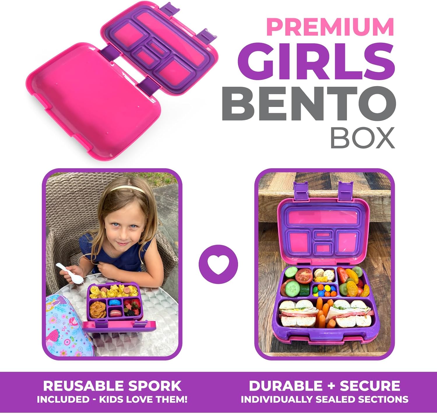 kinsho Bento Lunch Box for Kids Toddlers Girls, 5 Portion Sections Secure Lid, Microwave Safe BPA Free Removable Tray, Pre-School Kid Daycare Lunches Snack Container Ages 3 to 5, Pink Purple - Image 2