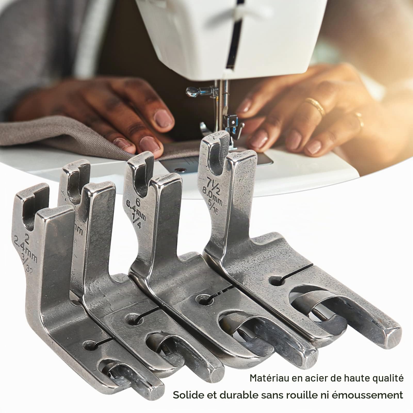 Lot de 4 Pieds-de-biche à Ourlet Roulé en Acier Inoxydable, Accessoires pour Machine à Coudre Industrielle