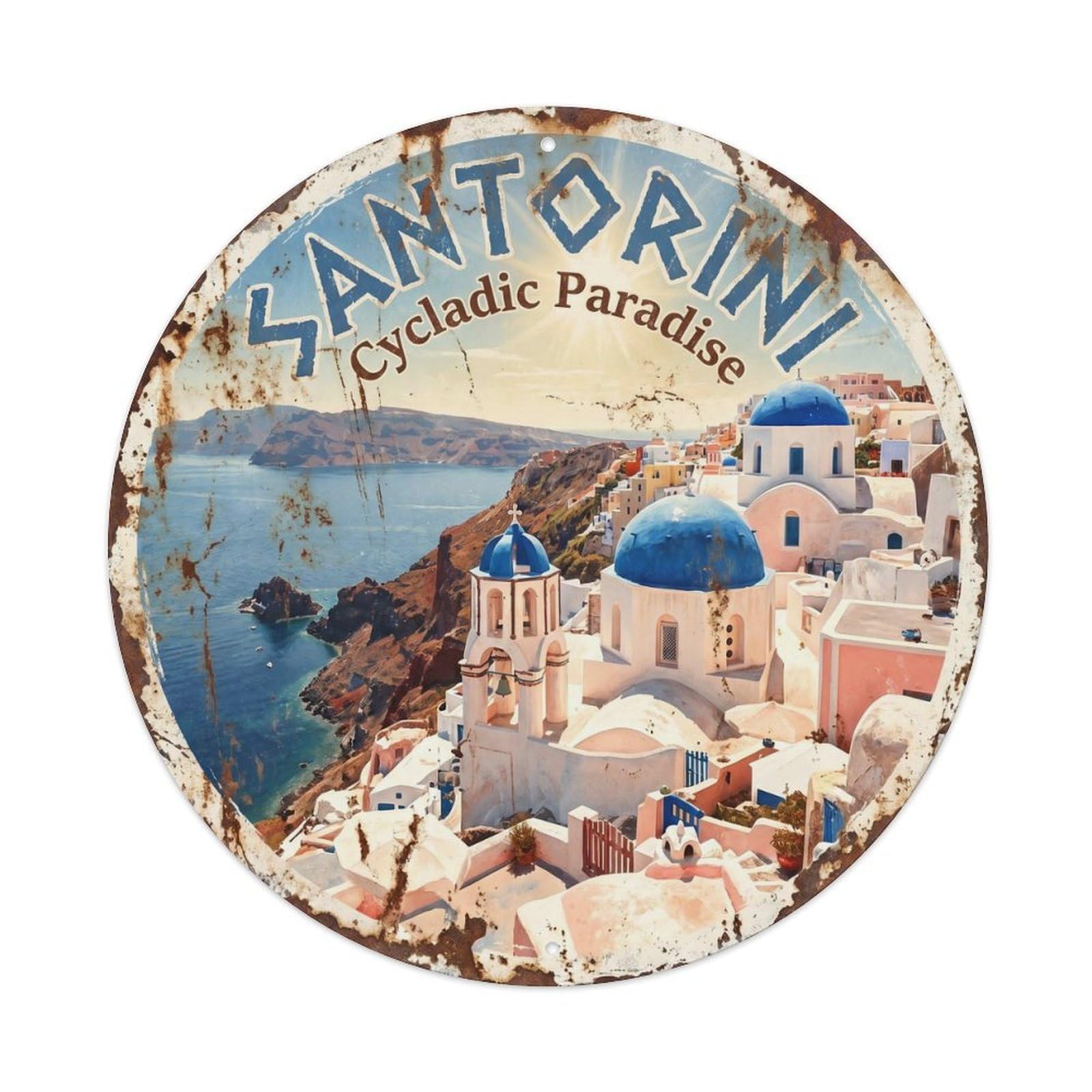Vintage Travel Santorini Whitewashed Village Metal Tin Sign Plaque