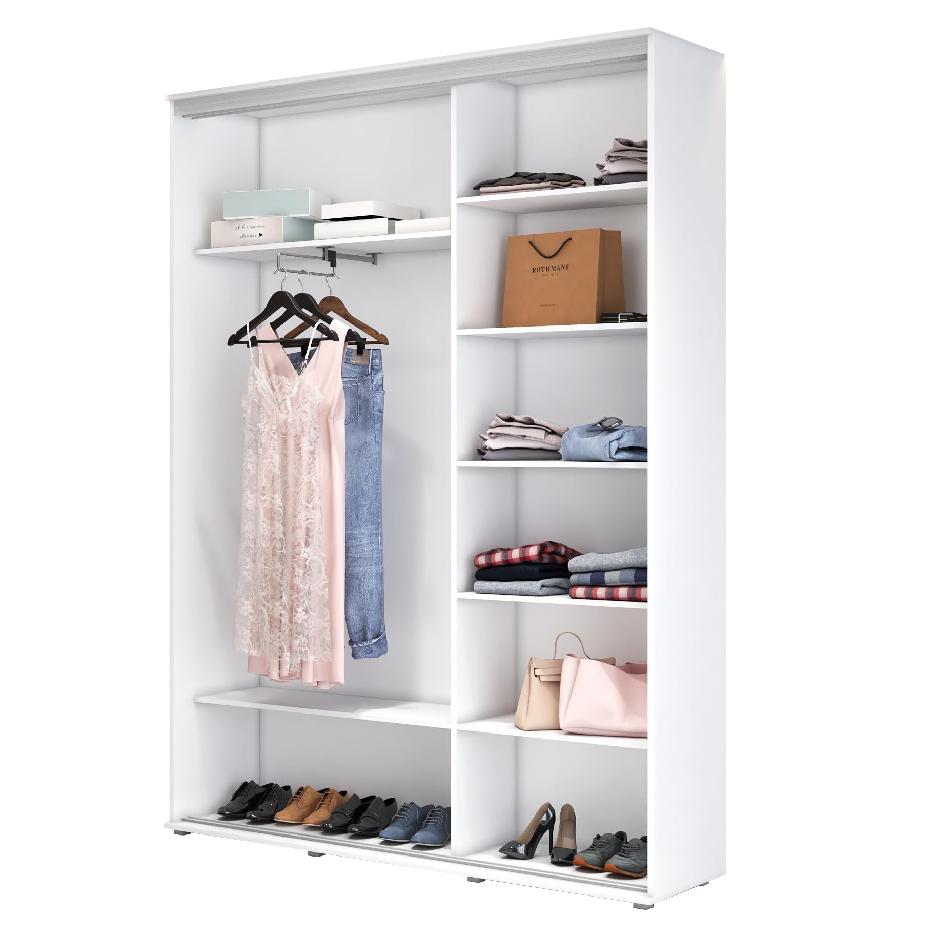 ZUZA 2 Garderobenschrank - Kleiderschrank mit Spiegel und Schiebetüren - 150x242x45cm - Kleiderstange Schrank - für Schlafzimmer, Flur - Holzwerkstoff, Kaschmir