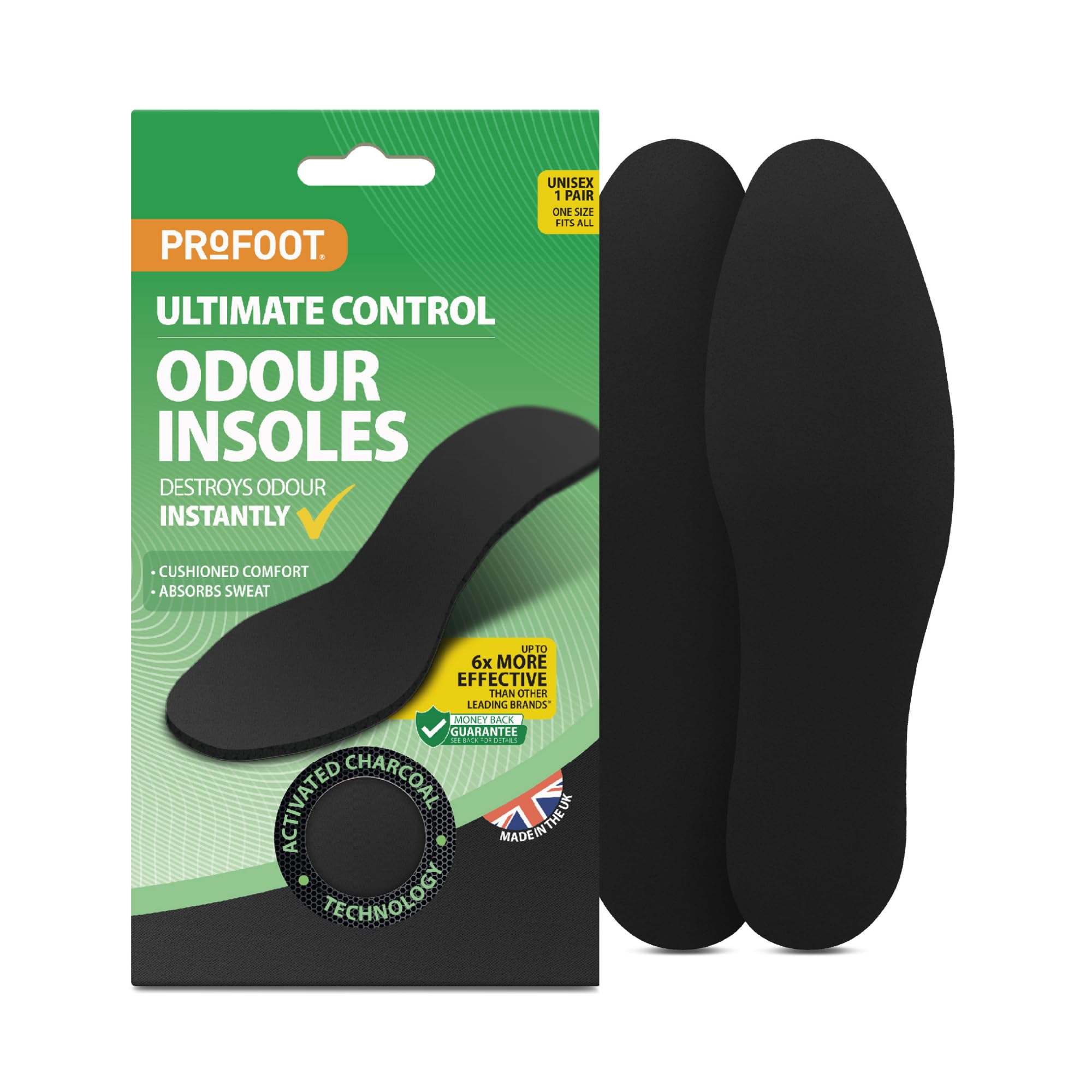 Profoot Ultimate Control Odour Insoles - Destroys Odour Instantly - Absorbs Perspiration for All-Day Freshness - Soft Cushioning for Extra Comfort - Washable and Reusable