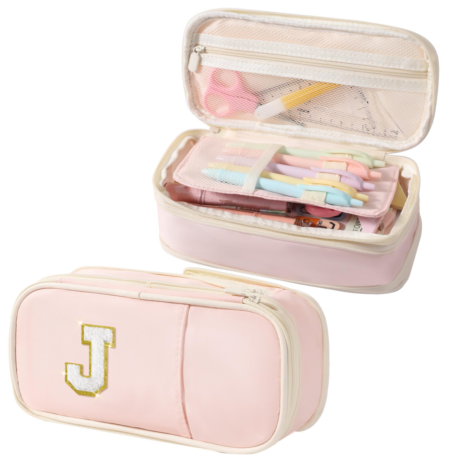 Janhavi Preppy Pencil Case for School Supplies, Large Initial Pencil Pouch with Zipper, Cute Pencil Bag for Office Supplies, Aesthetic Birthday Gift for Kids Teen Girls Adults - Pink J(Chenille)