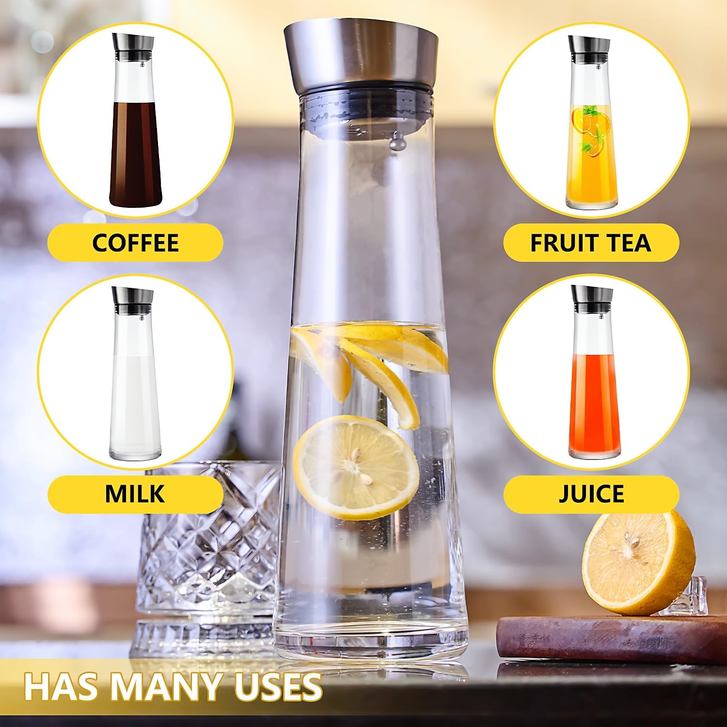 GLASKEY Glass Water Carafe with Lid,1200ml Glass Juice Pitcher with Stainless Steel Gravity Lid,Clear Water Pitcher for Ice Tea, Lemonade, Coffee,Juice Beverage,40 oz - Image 4