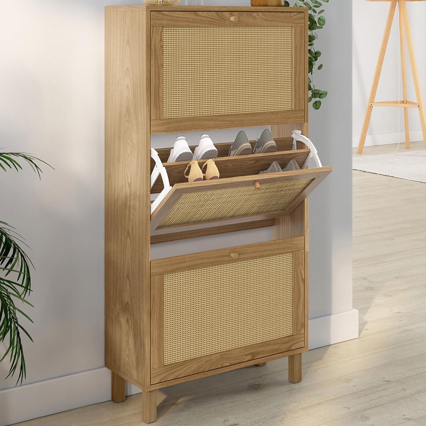 Banc D'entrée Chaussures Vintage HANAE Effet Naturel Cannage - Gamm Vert