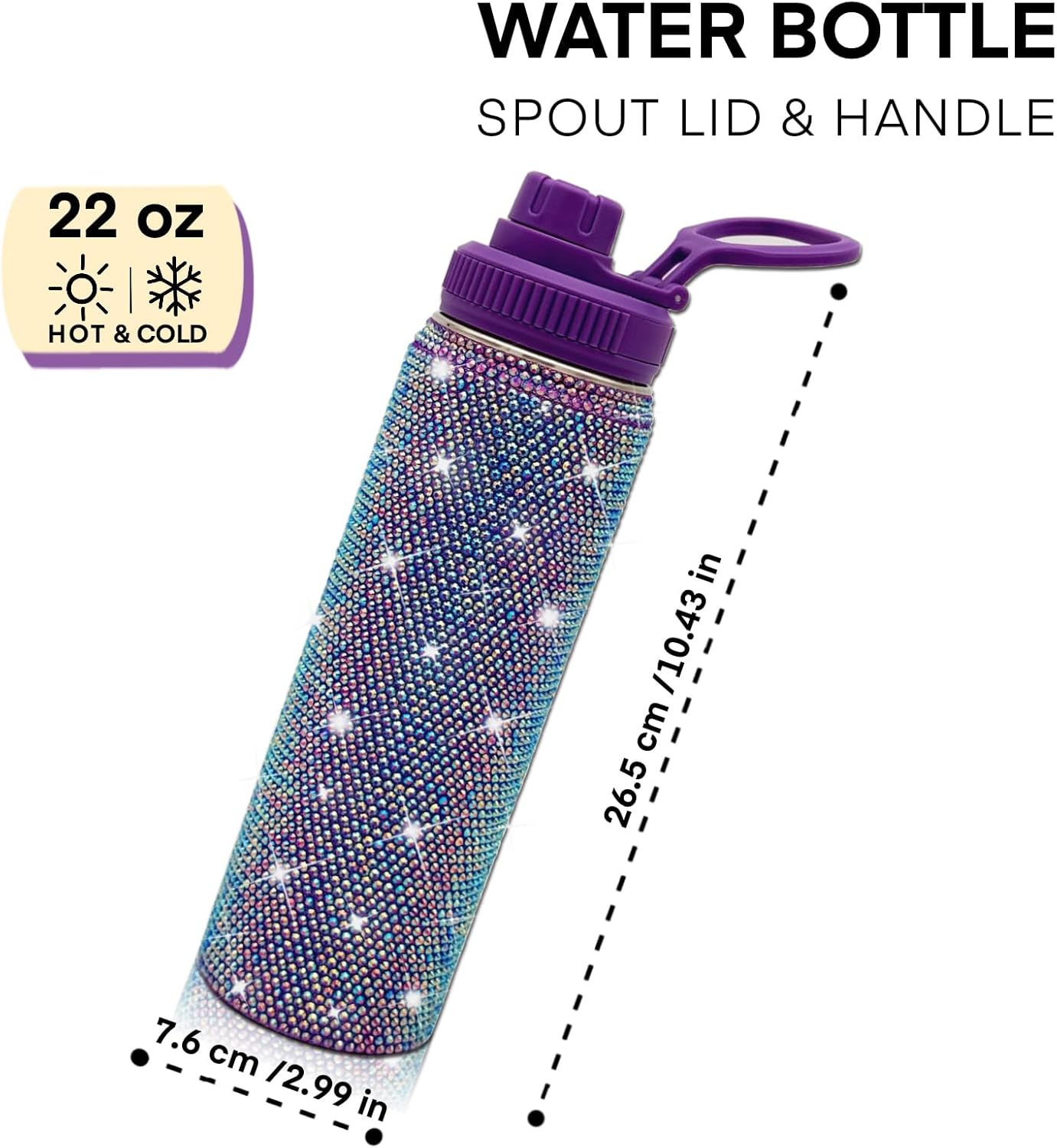 22oz Stainless Steel Bling Crystal Water Bottle Rhinestone Vacuum Insulated Bottle with Spout Lid Reusable Double-Wall Glitter Sport Bottle Gift for Women Girl (Violet) - Image 4