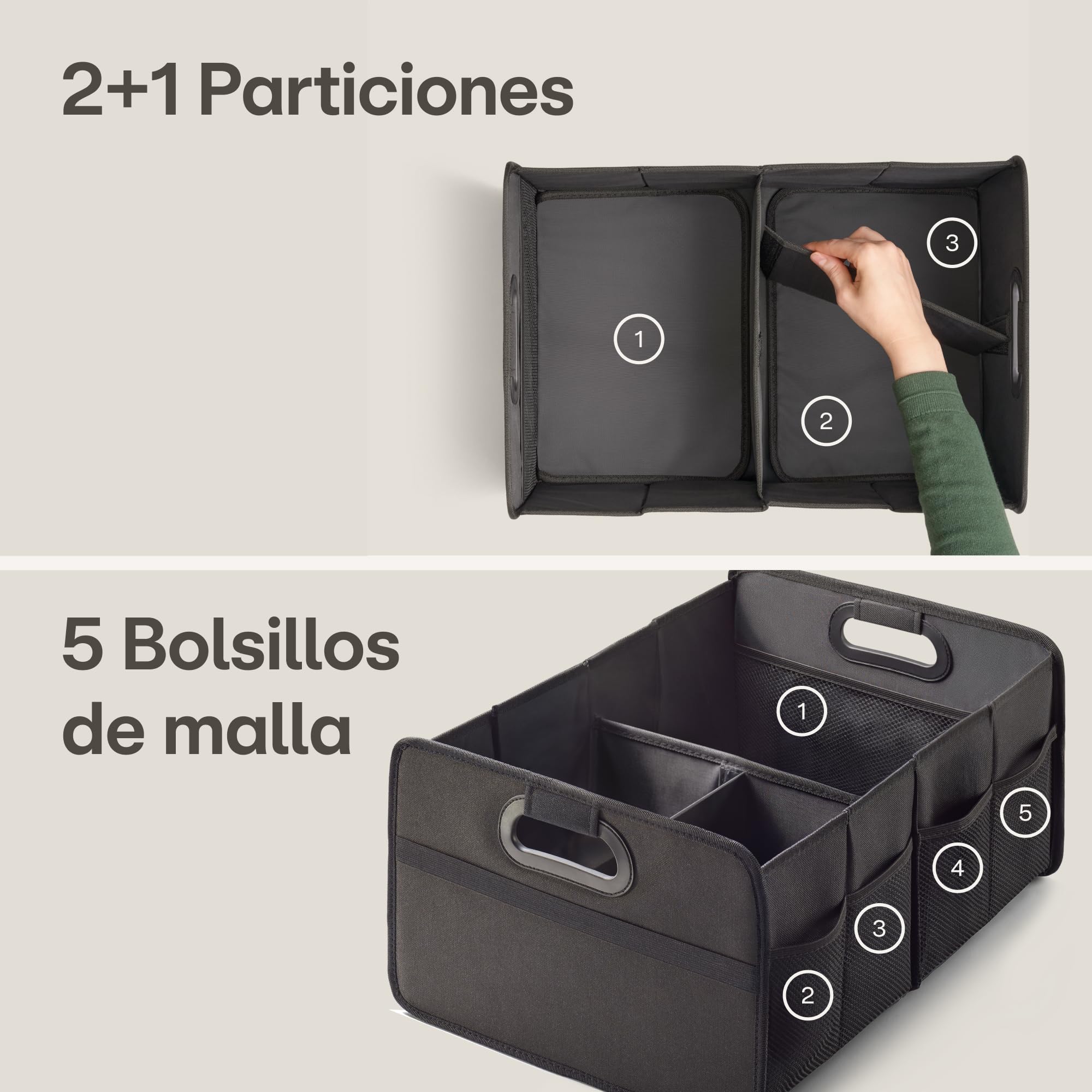 Praknu Organizador de Maletero Plegable XL – 3 Compartimentos Flexibles con 5 Bolsillos – Base Antideslizante – Tamaño Ideal para Organización del Coche – Robusto y Resistente al Agua de Tela Oxford