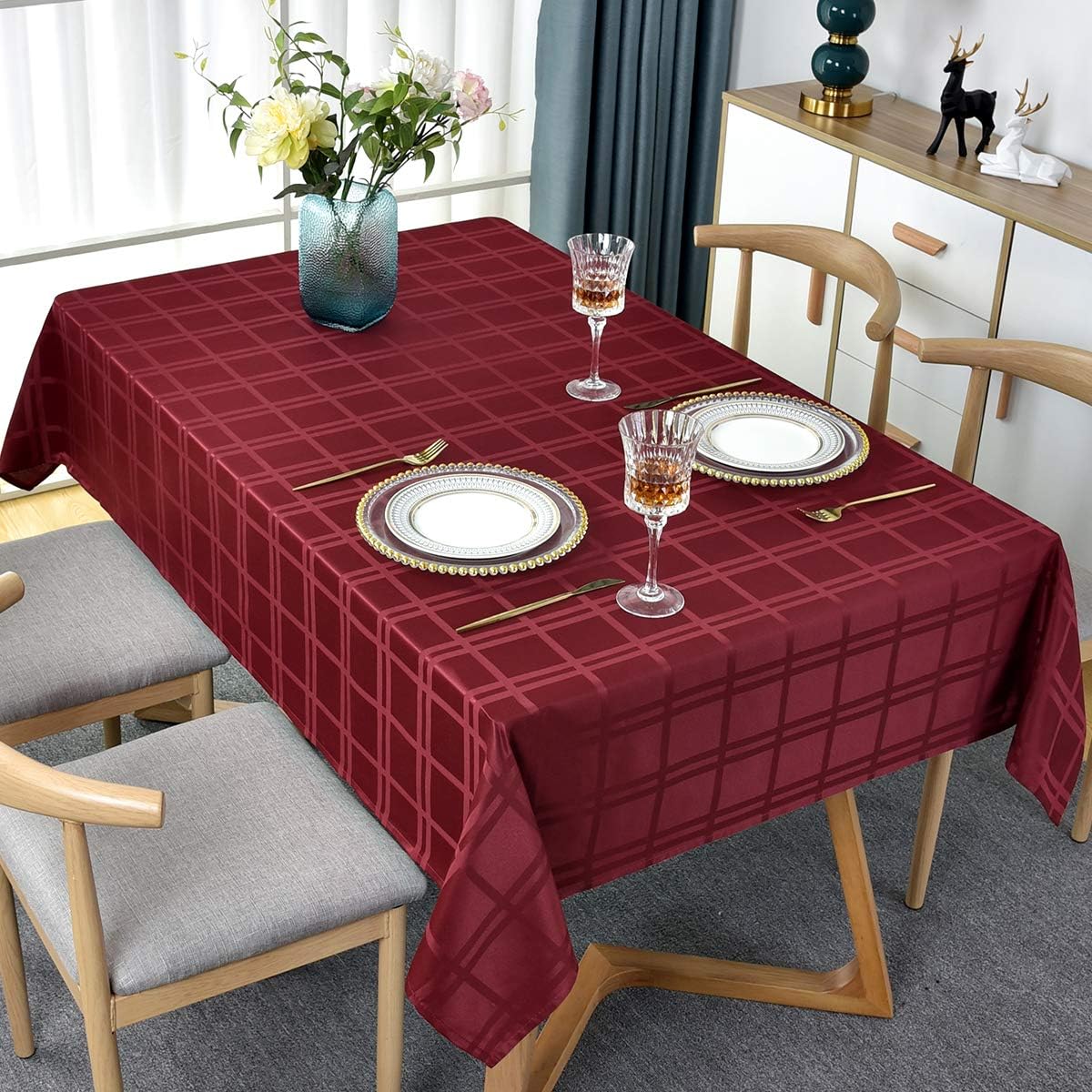 Checkered Rectangle Tablecloth Wrinkle Free Shrinkproof Polyester Fabric Table Cloth for Kitchen Parties Picnic Dinner (Rectangle/Oblong, 52" x 70" (4-6 Seats), Red)