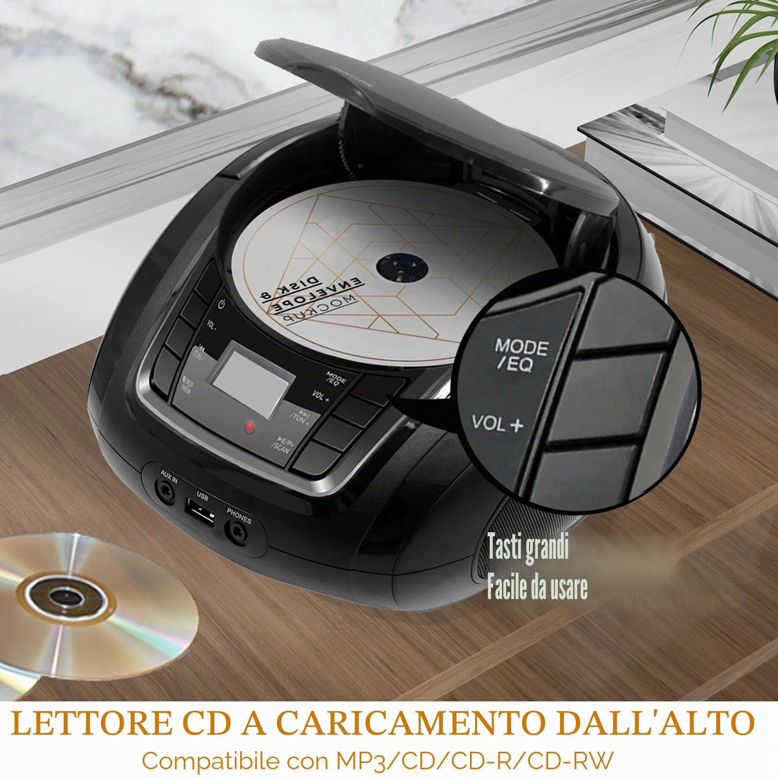 Impianto Stereo Casa 30W Micro HiFi Compatto con lettore CD, Bluetooth, radio FM, USB, AUX-in, display LED e pulsante grande, telecomando (L-D03BT)